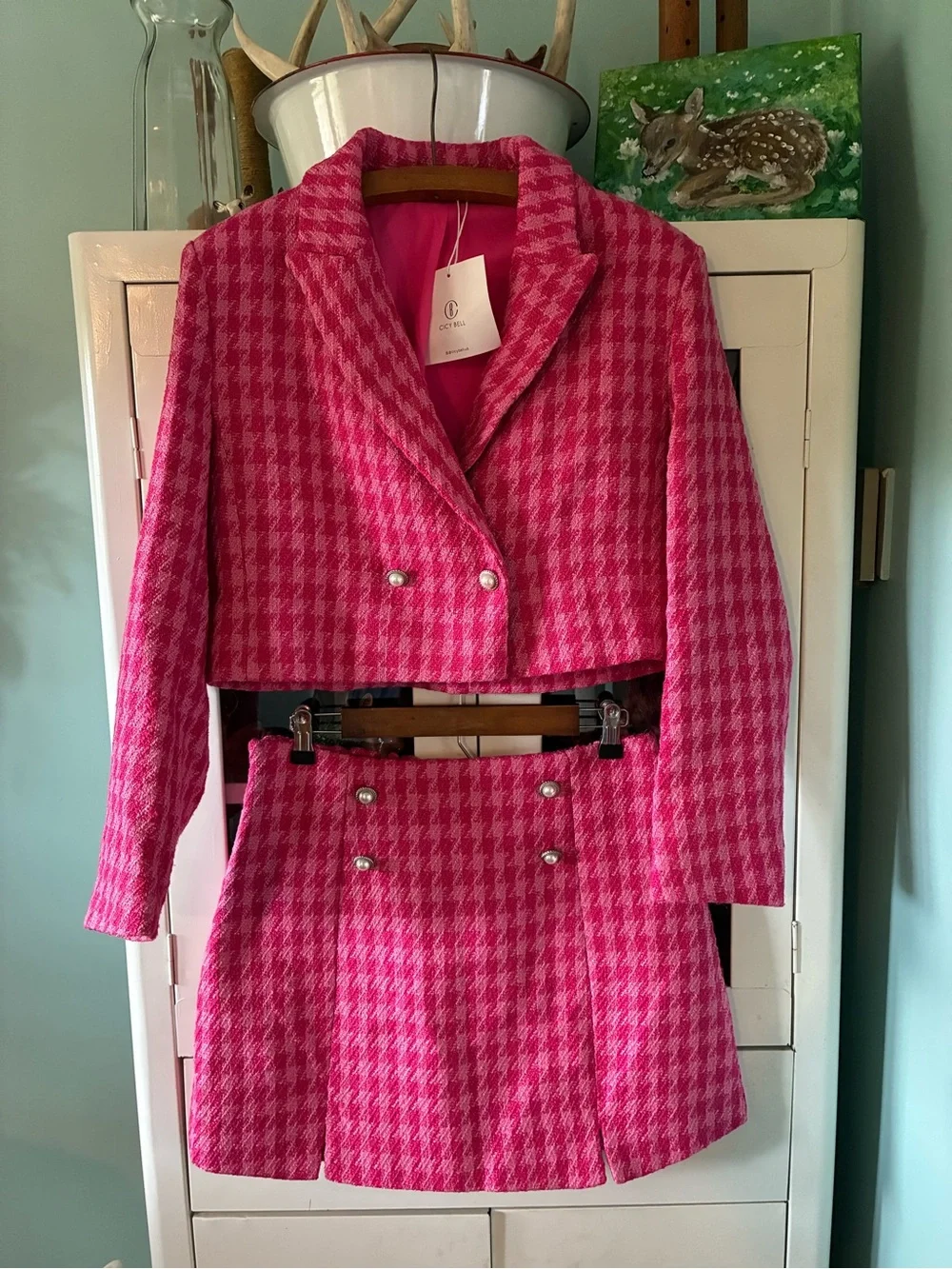 Cicy Bell Hot Pink Houndstooth Two-Piece Skirt Set nwt M Blazer L Skirt